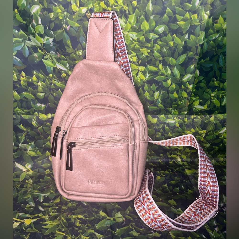 Stylish Cream Crossbody Bag with Patterned Strap